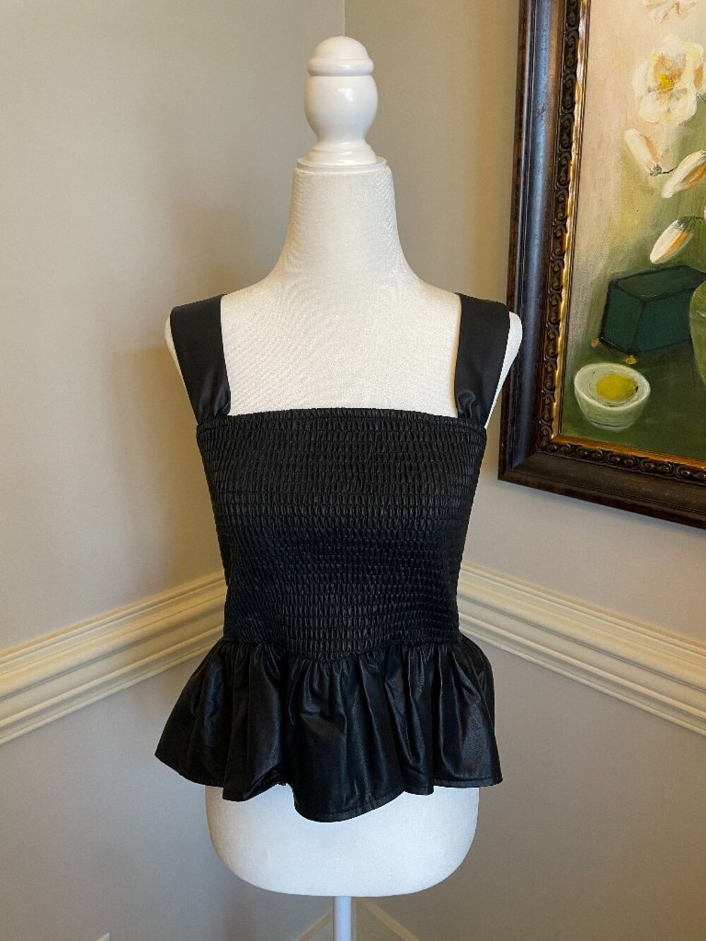 TCEC Smocked Peplum Faux Leather Top Size M NWOT